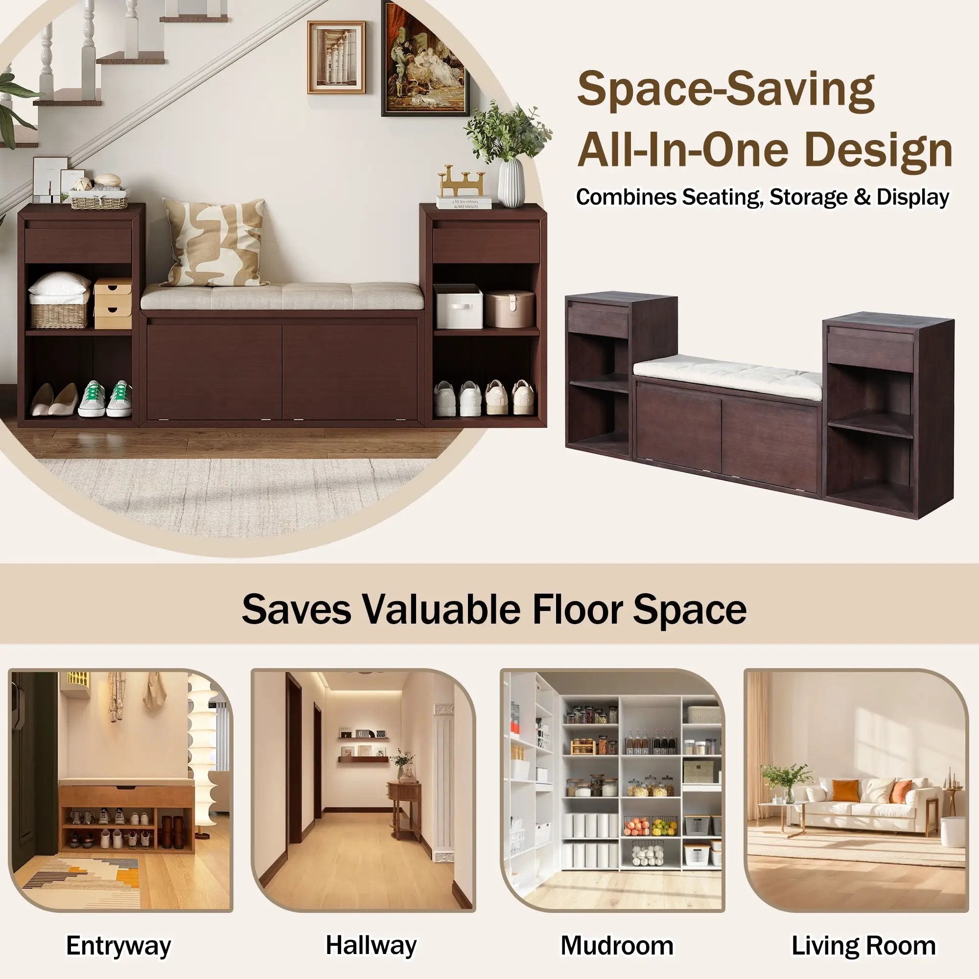 Entryway Storage Bench With Cushion, Drawers & Open Shelves