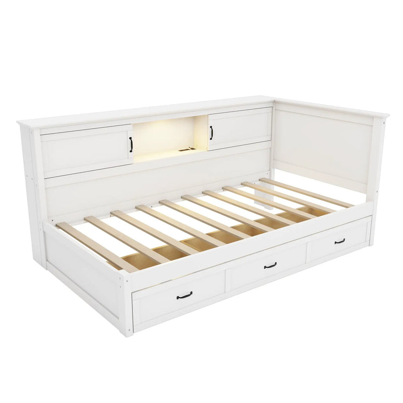 Twin Size L - Shaped Captain Bed With Drawer And Bookcase, LED Downlight And USB Charging Station - White by HouseOfZazla