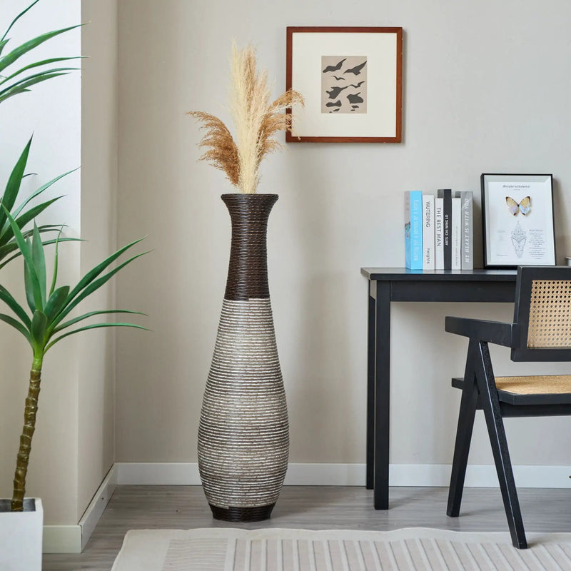 Tall Standing Designer Floor Vase Durable Artificial Rattan Elegant 2 Tone Finish Ideal Decor Accent For Living Room, Bedroom, Entryway Stylish Home Decor Statement Piece - Black / Gray by HouseOfZazla