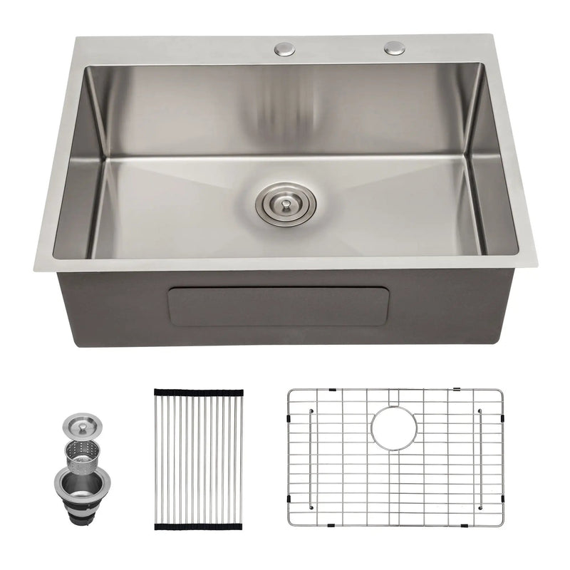 Drop In Kitchen Sink, 16 Gauge Stainless Steel, Single Bowl, Topmount Basin by HouseOfZazla