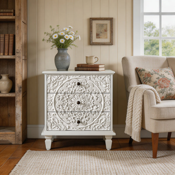 Carved Wood Nightstand with 3 Drawers, Vintage Scrollwork Embossed Accent Chest, Farmhouse Storage Cabinet Side End Table for Bedroom Living Room