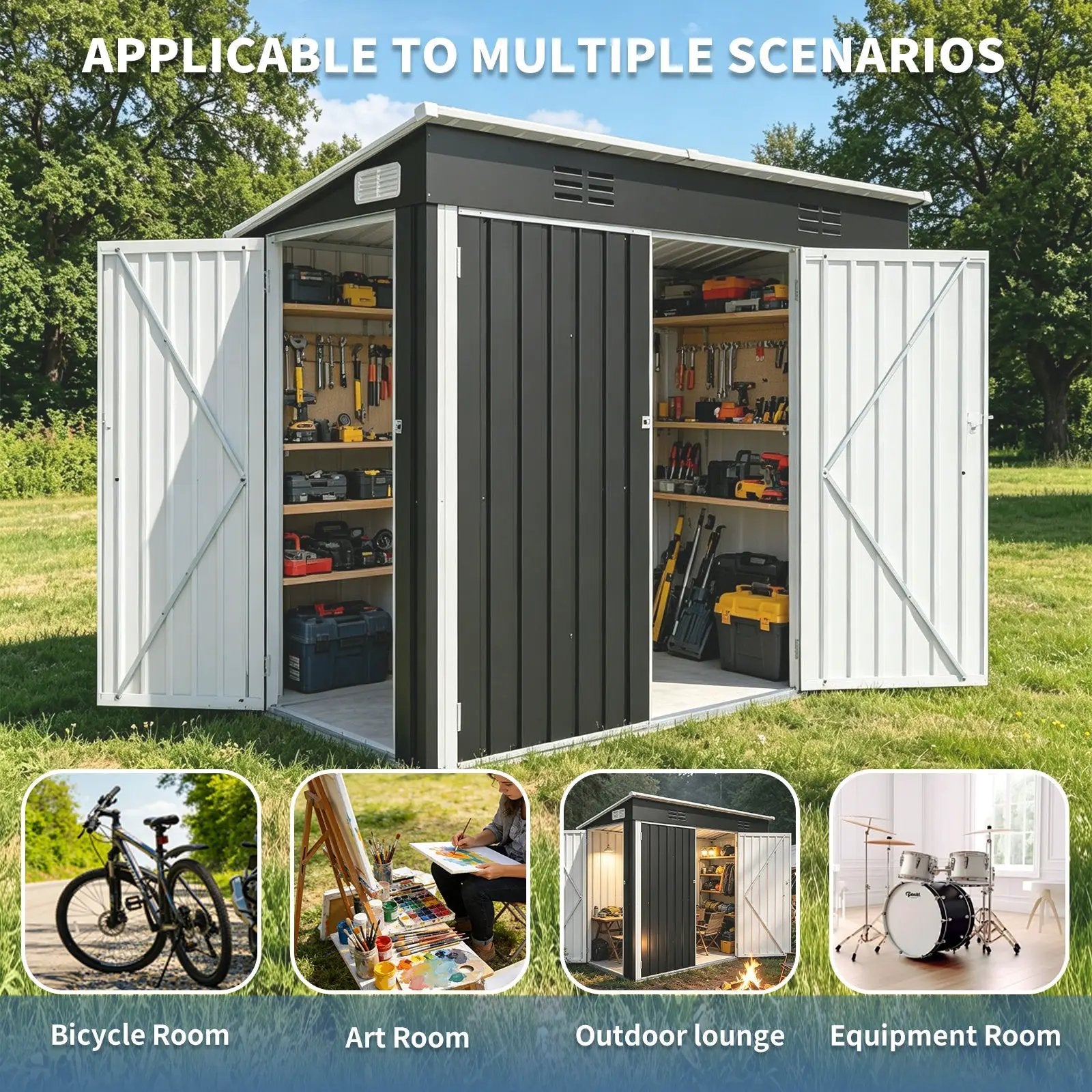 4 x 8 Ft Galvanized Steel Outdoor Storage Shed with 3 Access Doors by HouseOfZazla