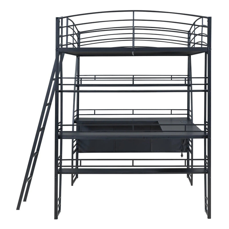 Loft Bed With 4 Layers Of Shelves And L-Shaped Desk, Stylish Metal Frame Bed With A Set Of Sockets, USB Ports And And Wireless Charging by HouseOfZazla