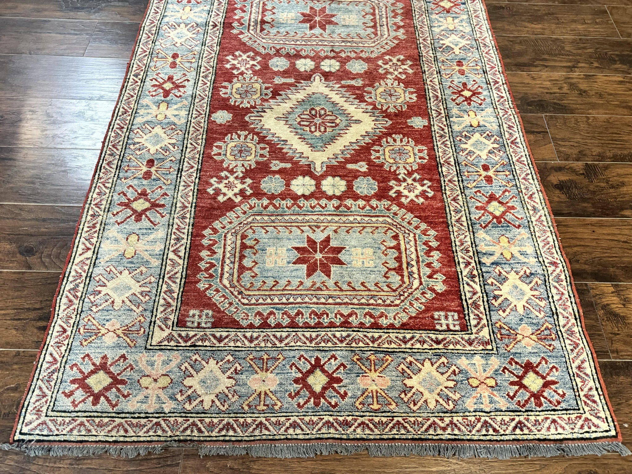 Turkish Kazak Rug 4x6, Handmade Vintage Wool Carpet, Geometric Design, Red and Light Blue by Jewel Rugs