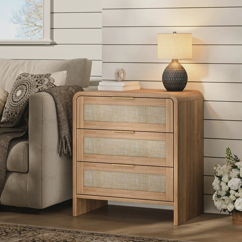 Rattan Nightstand Set of 2 with 3 Drawers in Caramel Oak by HouseOfZazla