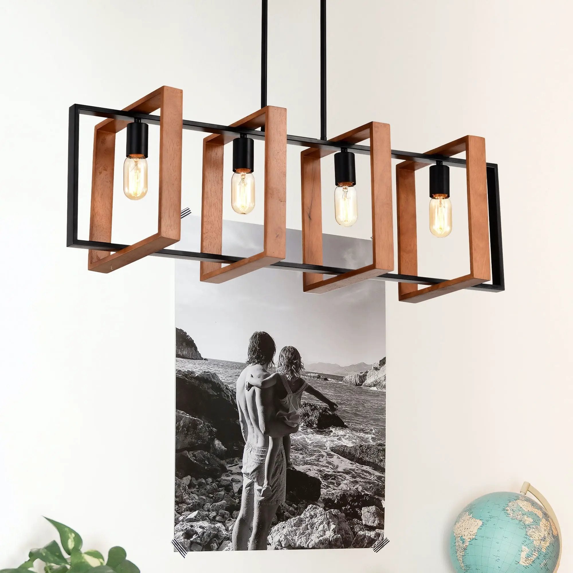 4 Light Kitchen Island Lights Pendant Light Farmhouse Dining Room Light Fixture, Rectangular Chandelier, 36" Hanging Lighting For Living Room, Conference Room, Home Office - Matte Black by HouseOfZazla
