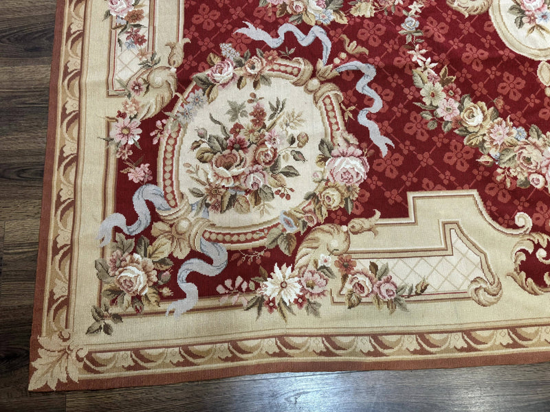 Aubusson Rug 8x11, Needlepoint Carpet, Red Ivory Beige, Vintage, French European Design by Jewel Rugs