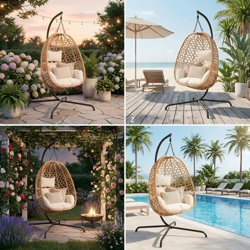 Set of 2 Egg Chairs with Stand - Patio Wicker Hanging Hammock Swing by HouseOfZazla