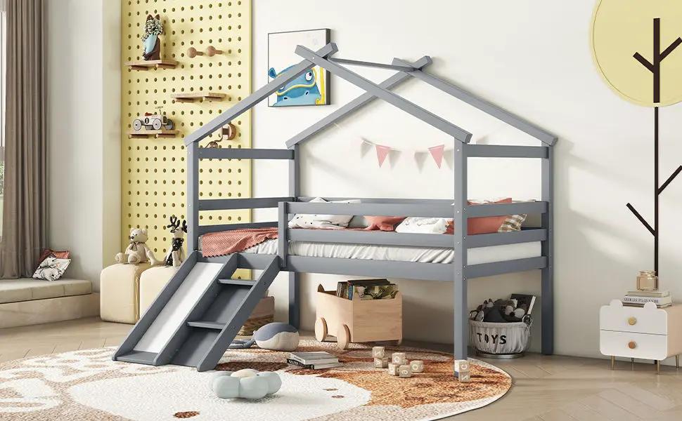 Low Loft House Bed With Slide, Ladder, Safety Guardrails, House Roof Frame by HouseOfZazla