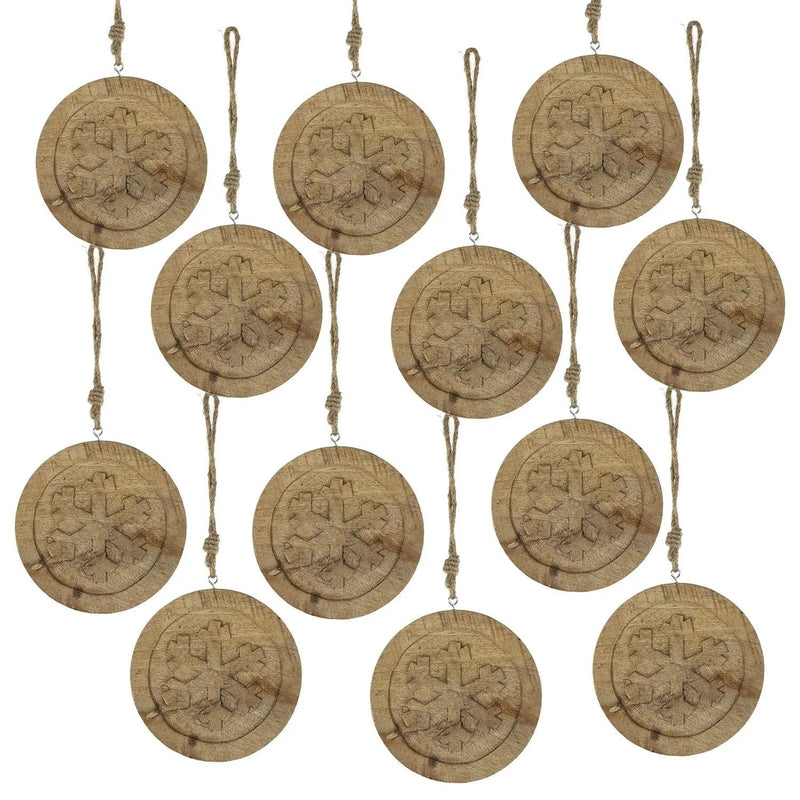 Wooden Hanging Circle With Snowflake Cut Decorative Hanging Christmas Tree Ornaments For Holiday Party Decorations (Set of 12) - Multi by HouseOfZazla