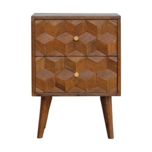 Cube Carved Bedside Table Nightstand - Chestnut by HouseOfZazla