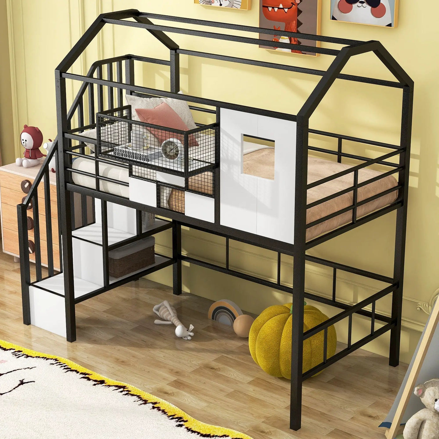 Metal Loft Bed With Roof Design And Storage Box With Guardrails And Integrated Ladder by HouseOfZazla