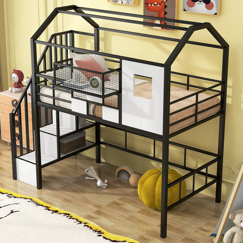 Metal Loft Bed With Roof Design And Storage Box With Guardrails And Integrated Ladder by HouseOfZazla