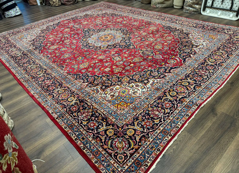 Large Persian Kashan Rug 11x14, Traditional Persian Carpet, Wool, Fine 250 KPSI, Red Navy Blue by Jewel Rugs
