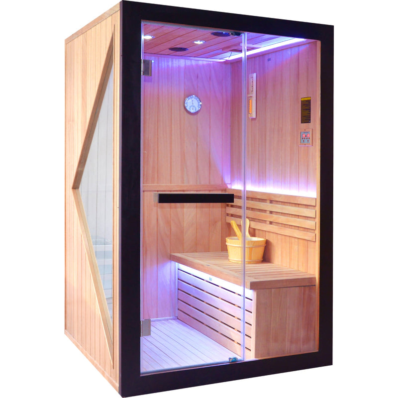 African Pine Indoor Sauna with Double Stove & LED Lighting - Natural Pine, photo 3 of 10