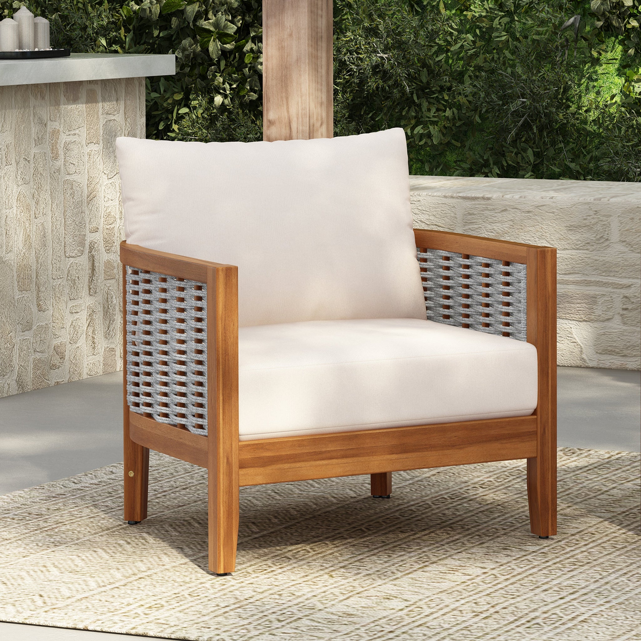 Outdoor Tub Design Armchair with Woven Rope and Acacia Wood by HouseOfZazla