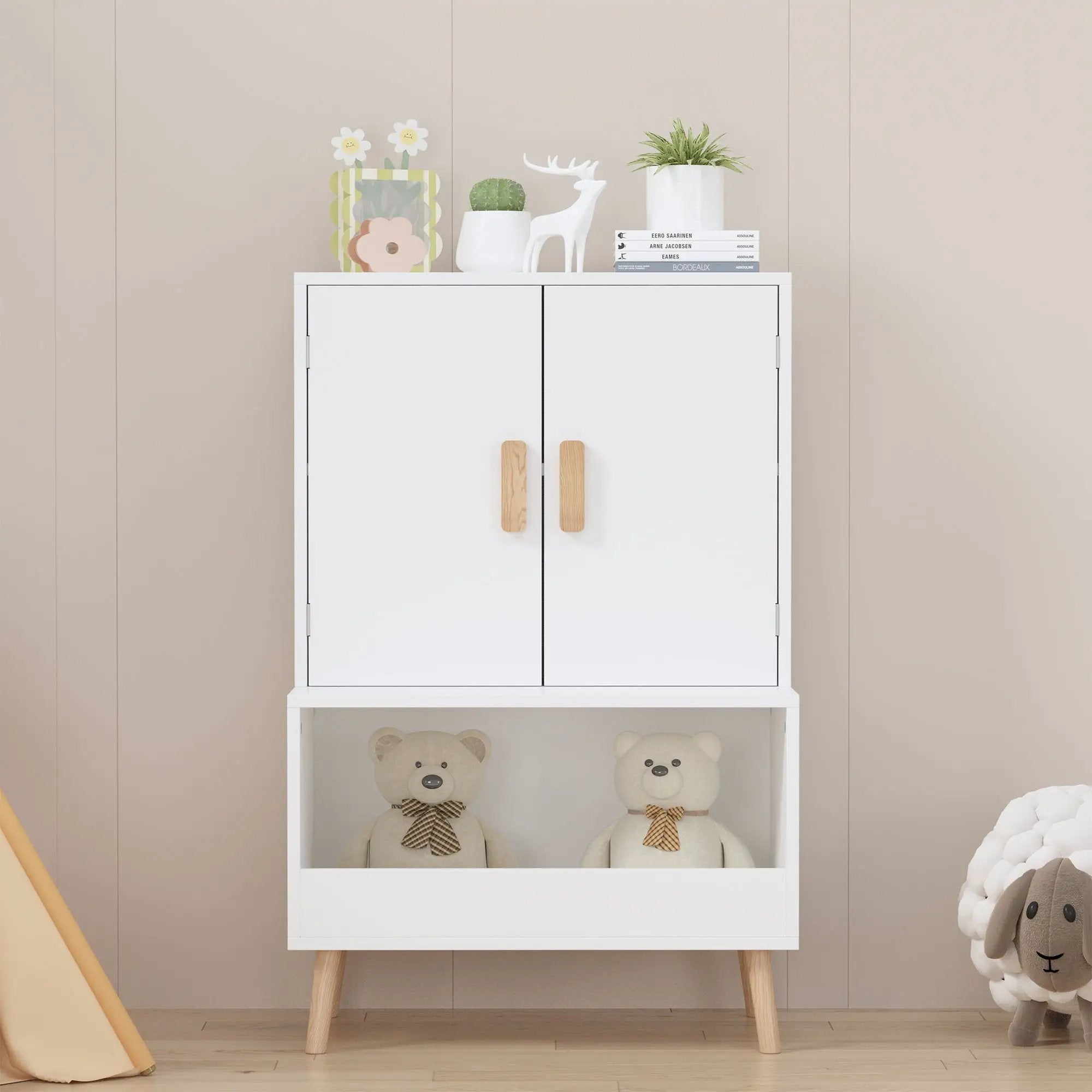 Toy Storage Cabinet With Doors And Open Shelf, Toddler Bookshelf For Playroom - White by HouseOfZazla