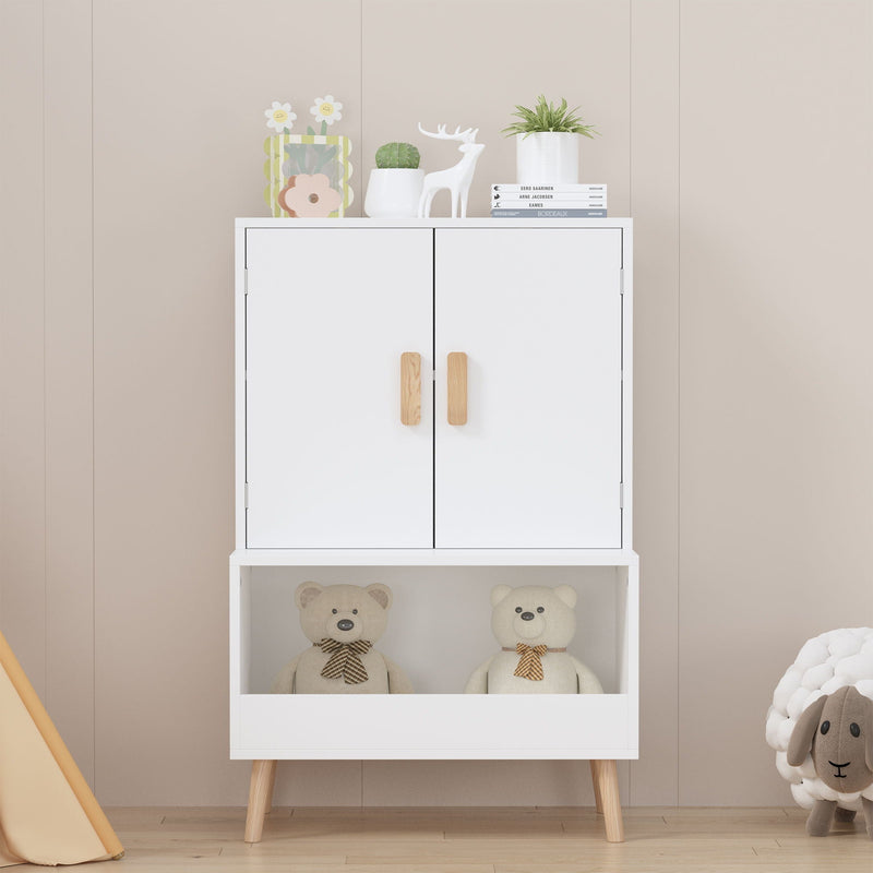 Toy Storage Cabinet with Doors and Open Shelf - White Wood Kids Bookcase, photo 2 of 4