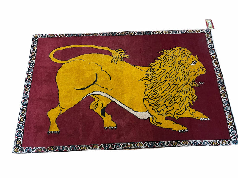 Persian Gabbeh Rug 3x4, Lion Pictorial, Red by Jewel Rugs