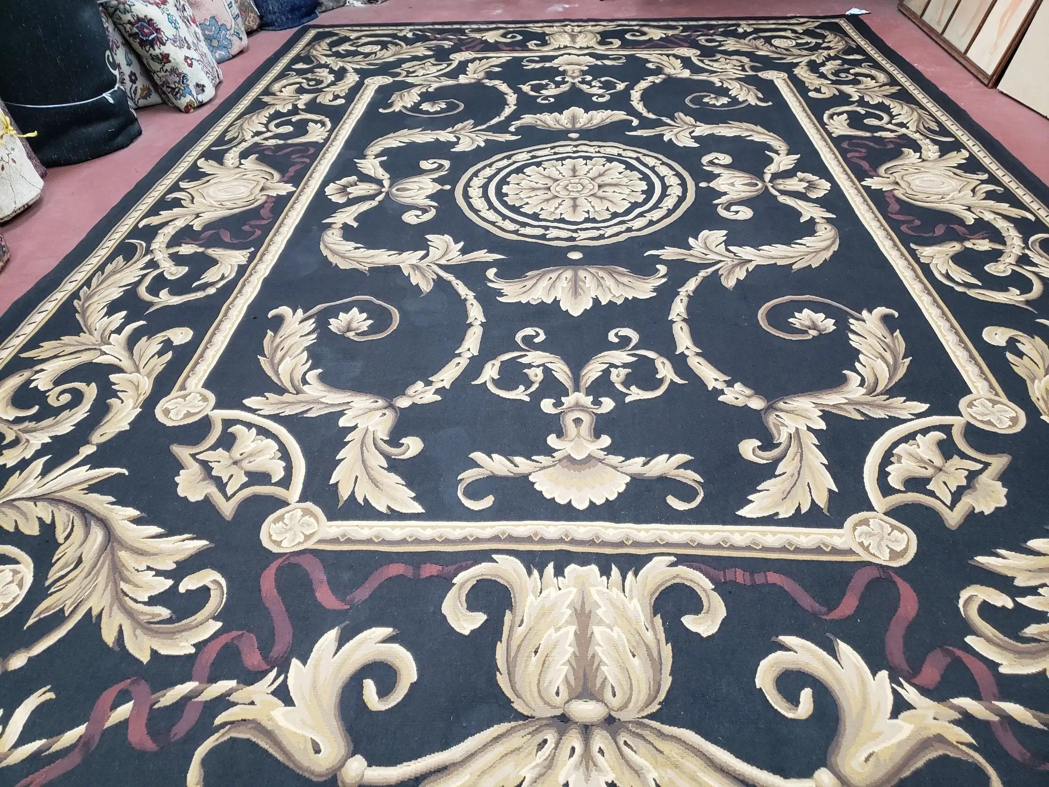 Black and Tan Aubusson Rug, 10 x 14 Aubusson Carpet, New Aubusson Rug, Elegant, Wool, Handmade Area Rug, Flatweave Rug, Large Aubusson Rug by Jewel Rugs
