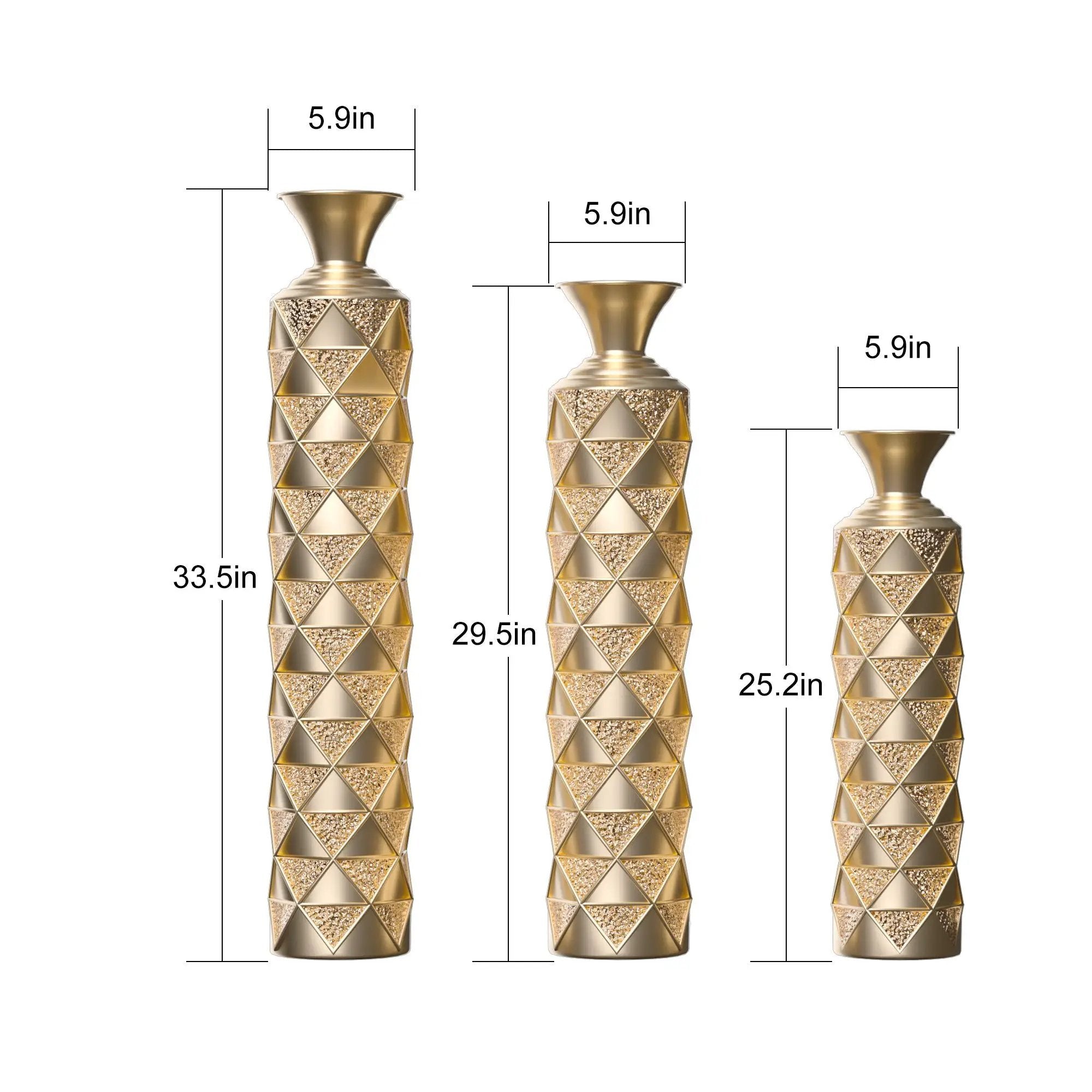 Metal Decorative Vase High Distress Metal Center Vase With 3D Triangle Pattern, (Set of 3) Vases For Home Decoration - Gold by HouseOfZazla