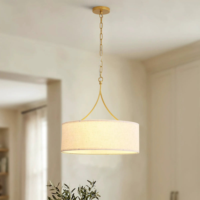 3-Light Gold Fabric Drum Pendant Light by HouseOfZazla