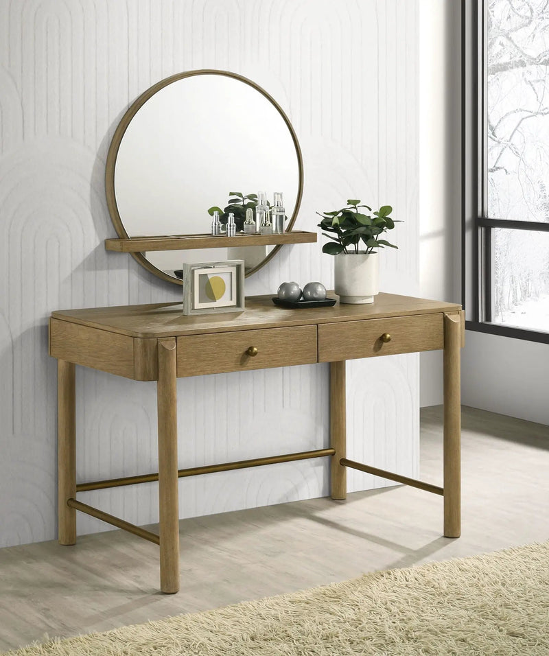 Arini Round Vanity Wall Mirror with Shelf Sand Wash by Unique Piece Furniture