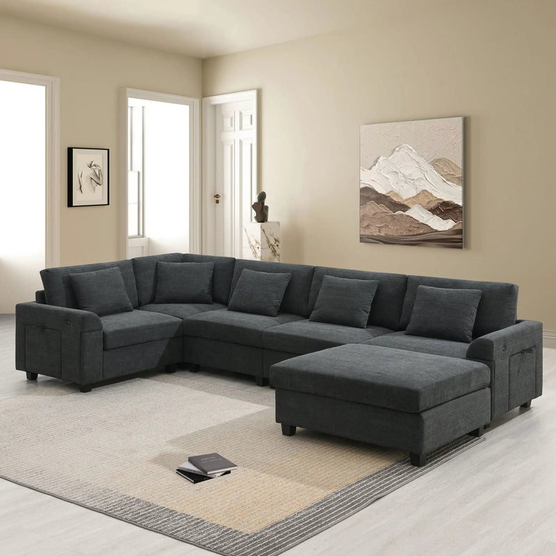 U Shaped Sectional Sofa 6 Seat Couch Set With Oversized Ottoman, Hidden Armrest Storage And Cup Holders USB Charging Ports Wide Seat Sofa by HouseOfZazla