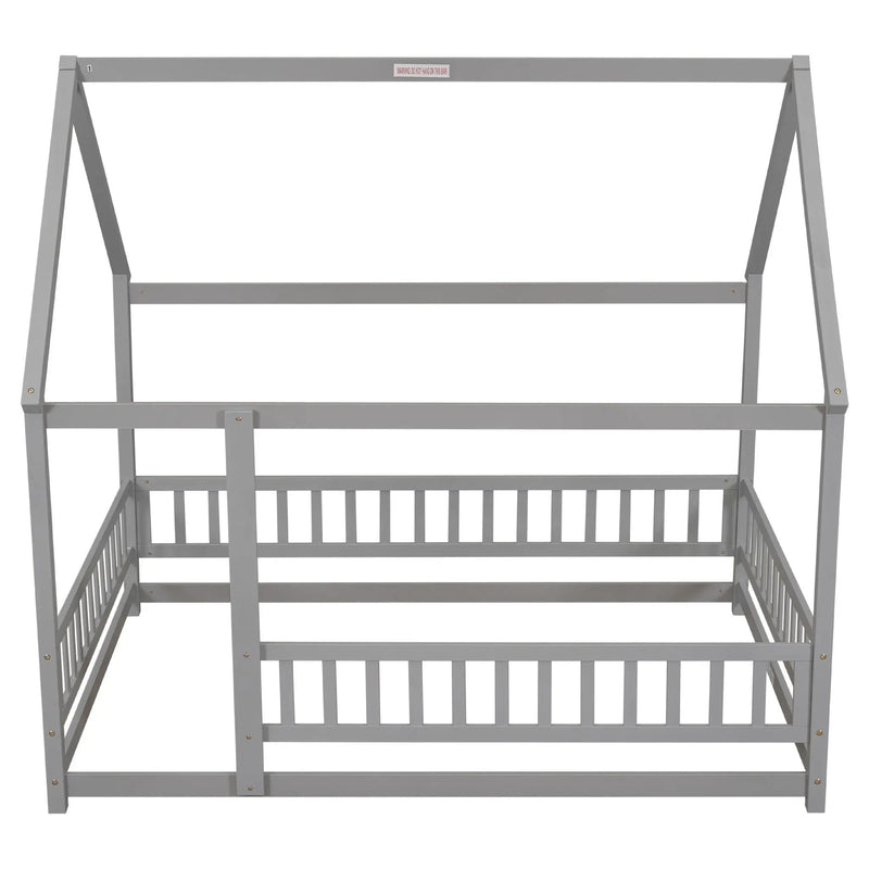 Floor Wooden Bed With House Roof Frame, Fence Guardrails by HouseOfZazla