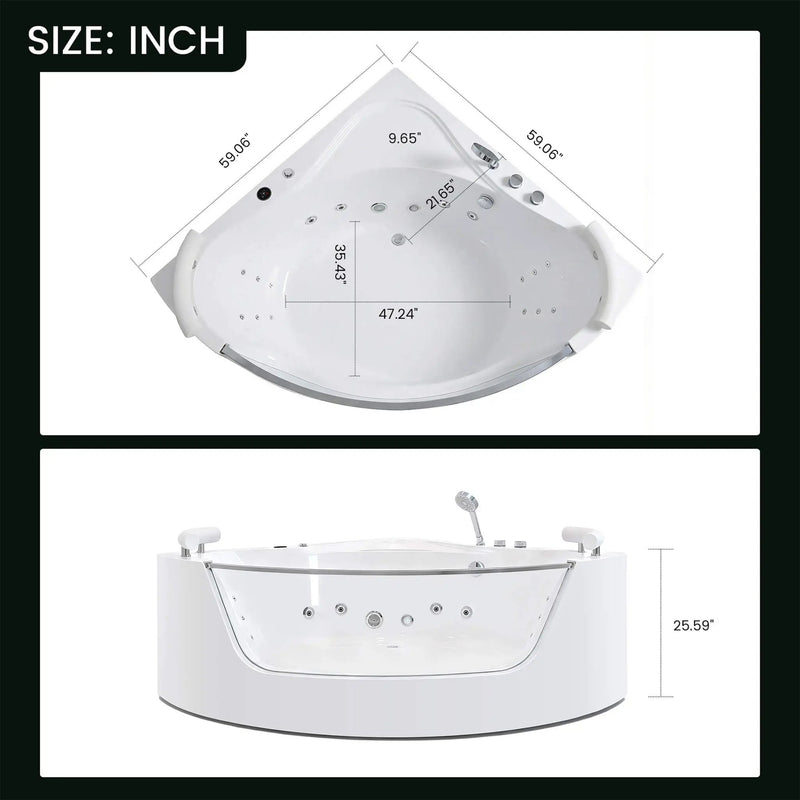 Nuvia Serenity 59-Inch 2-Person Acrylic Corner Whirlpool 16-Jet Hydro Massage Bathtub With Heater Rainbow Light (SAK12058) by SAKSBY WHOLESALE
