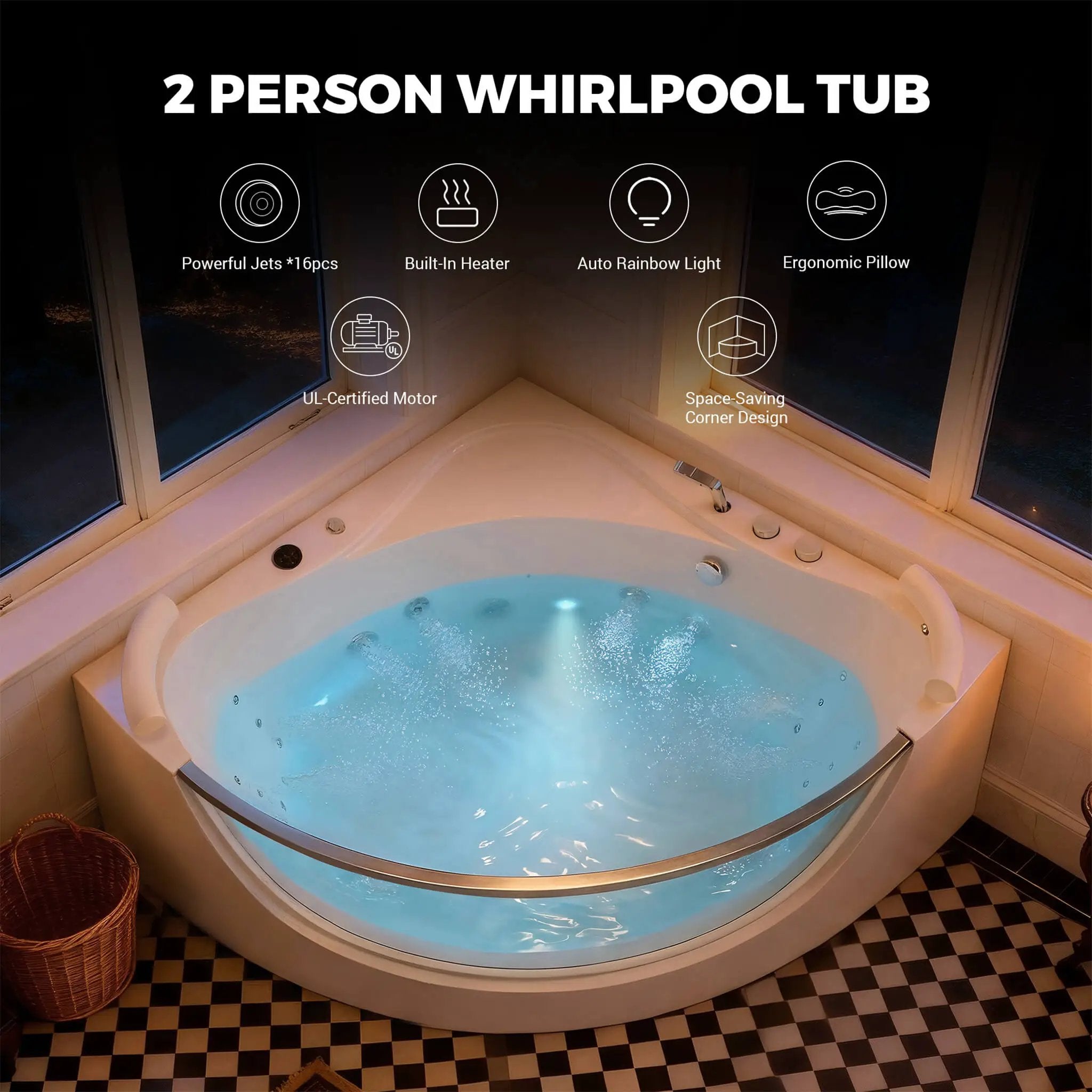 Nuvia Serenity 59-Inch 2-Person Acrylic Corner Whirlpool 16-Jet Hydro Massage Bathtub With Heater Rainbow Light (SAK12058) by SAKSBY WHOLESALE