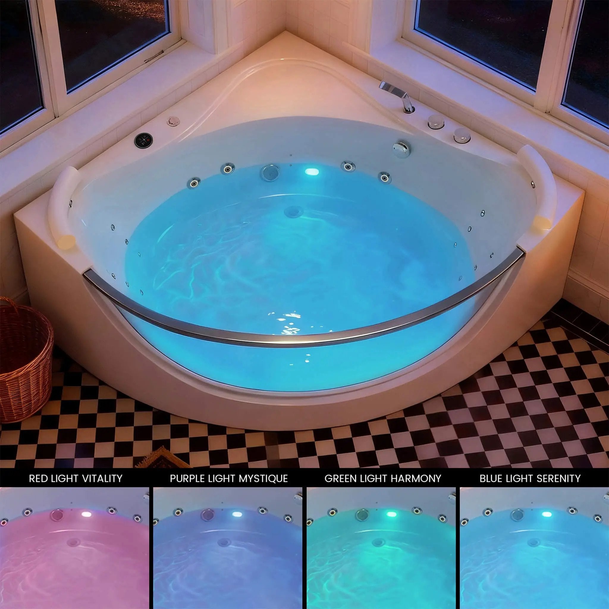 Nuvia Serenity 59-Inch 2-Person Acrylic Corner Whirlpool 16-Jet Hydro Massage Bathtub With Heater Rainbow Light (SAK12058) by SAKSBY WHOLESALE