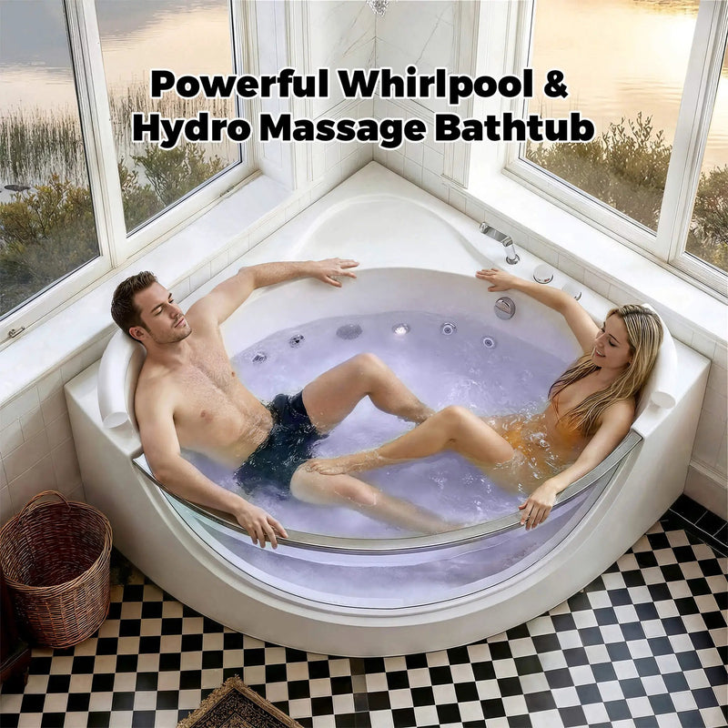 Nuvia Serenity 59-Inch 2-Person Acrylic Corner Whirlpool 16-Jet Hydro Massage Bathtub With Heater Rainbow Light (SAK12058) by SAKSBY WHOLESALE