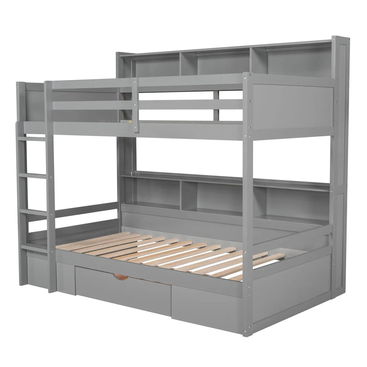 Twin Size Bunk Bed With Built-In Shelves Beside Both Upper And Down Bed And Storage Drawer by HouseOfZazla