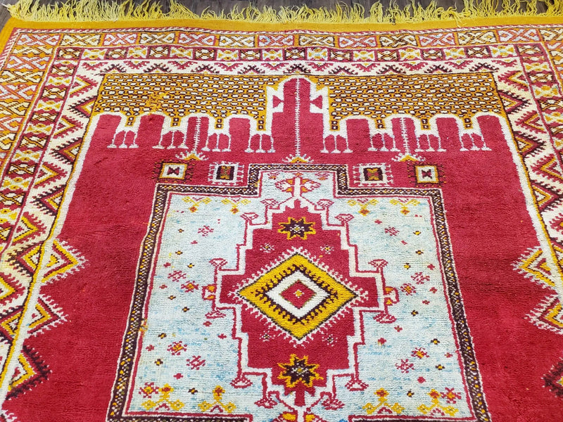 Vintage Moroccan Rug 6x10, Red and Yellow Moroccan Carpet, Handmade Bohemian Tribal Area Rug, Hand-Knotted 1970s Wool Rug, Medalions by Jewel Rugs