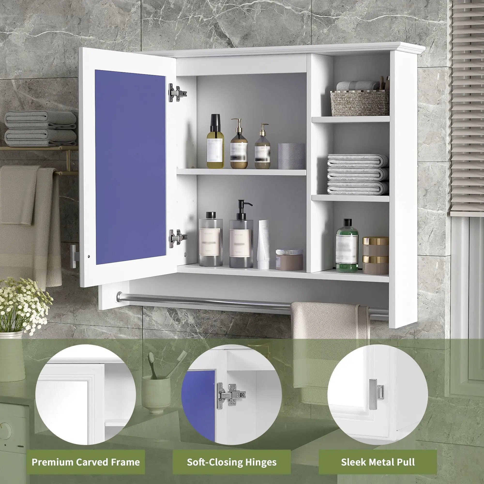 Modern Wall Mounted Mirror Cabinet With Adjustable Shelf, Soft Close Door, And Towel Bar by Unique Piece Furniture