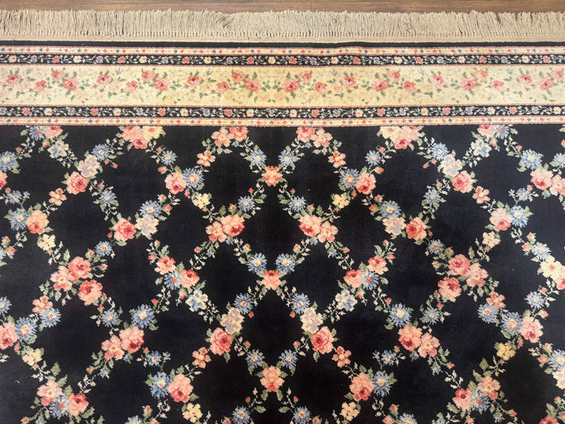 8.8 x 12 Karastan Garden of Eden Rug, Ebony Trellis #509/1270, Black, Floral, Wool Pile, Vintage, Discontinued by Jewel Rugs
