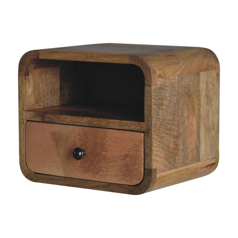 Extra Mini Wall-Mounted Curved Oak-ish Nightstand with Open Slot, 1-Drawer by HouseOfZazla