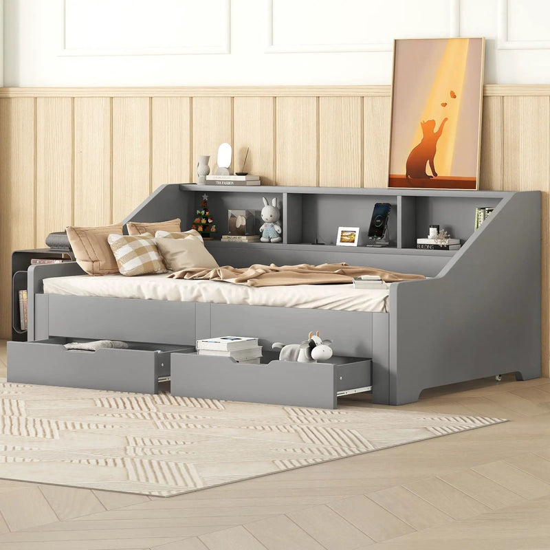 Daybed Frame With Storage Bookcases, 2 Drawers, Charging Station by Unique Piece Furniture