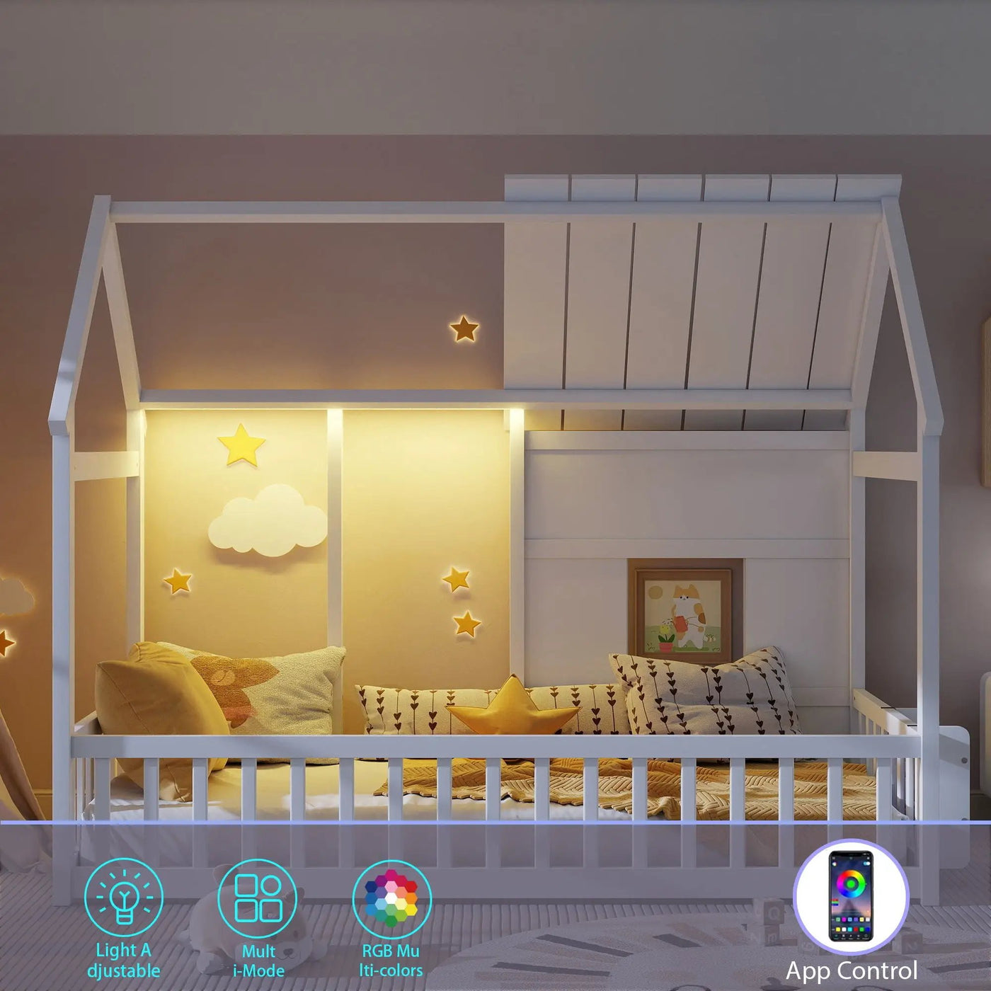 House Floor Bed With 7 Color LED Light, Built In Bookshelf by Unique Piece Furniture