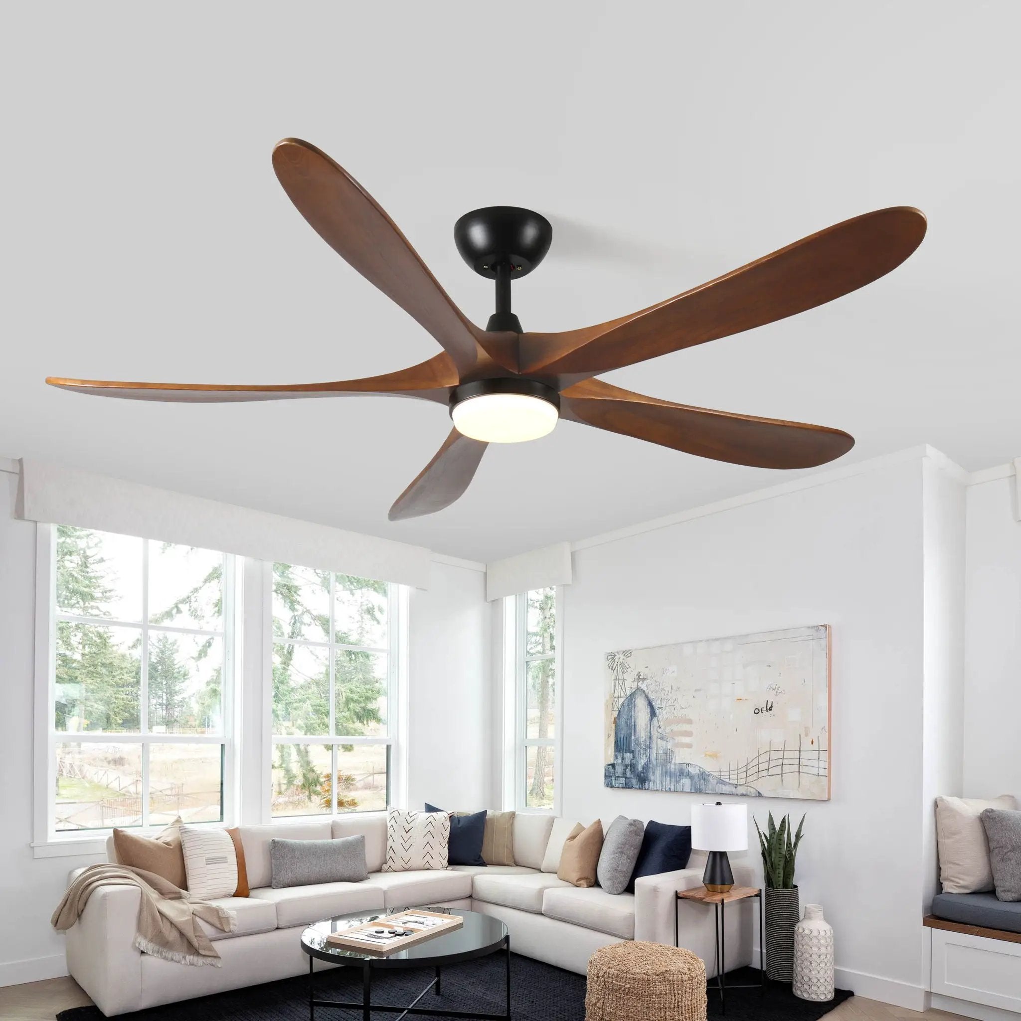 Solid Wood With Remote Control With Light (LED) Modern DC Motor Indoor / Outdoor 5 Blade Ceiling Fan For Patios, Bedrooms And Farmhouses - Antique Brown by HouseOfZazla