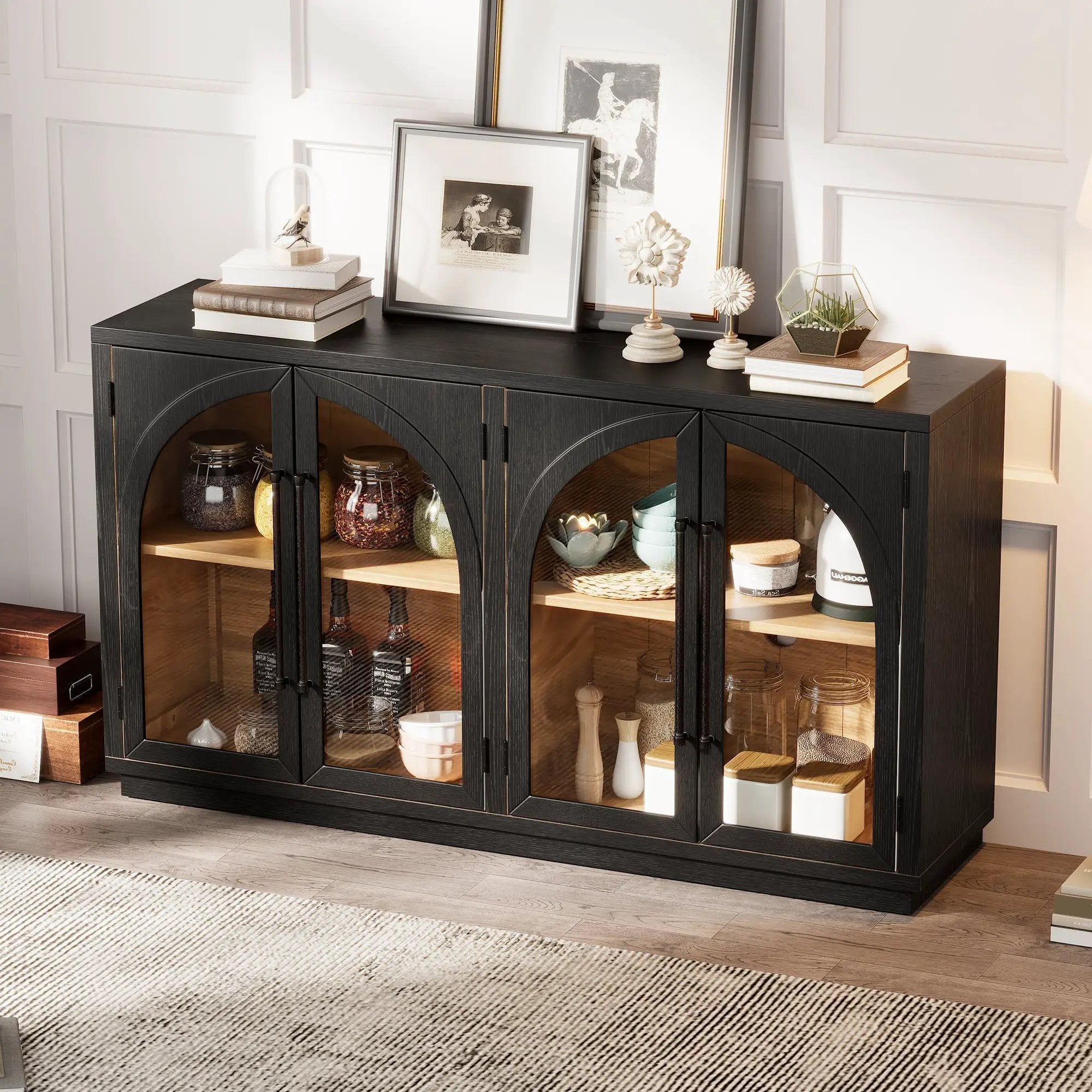 4-Door Large Storage Sideboard Buffet Cabinet with Glass Doors Arched Cabinet (Black) by HouseOfZazla