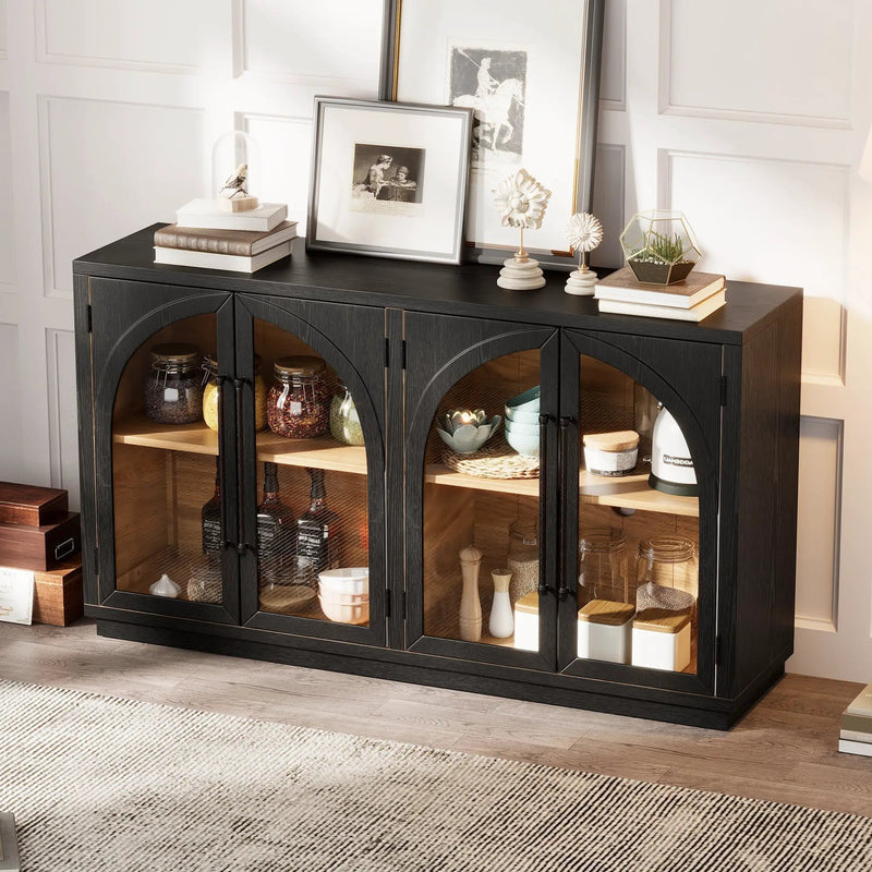 4-Door Large Storage Sideboard Buffet Cabinet with Glass Doors Arched Cabinet (Black) by HouseOfZazla