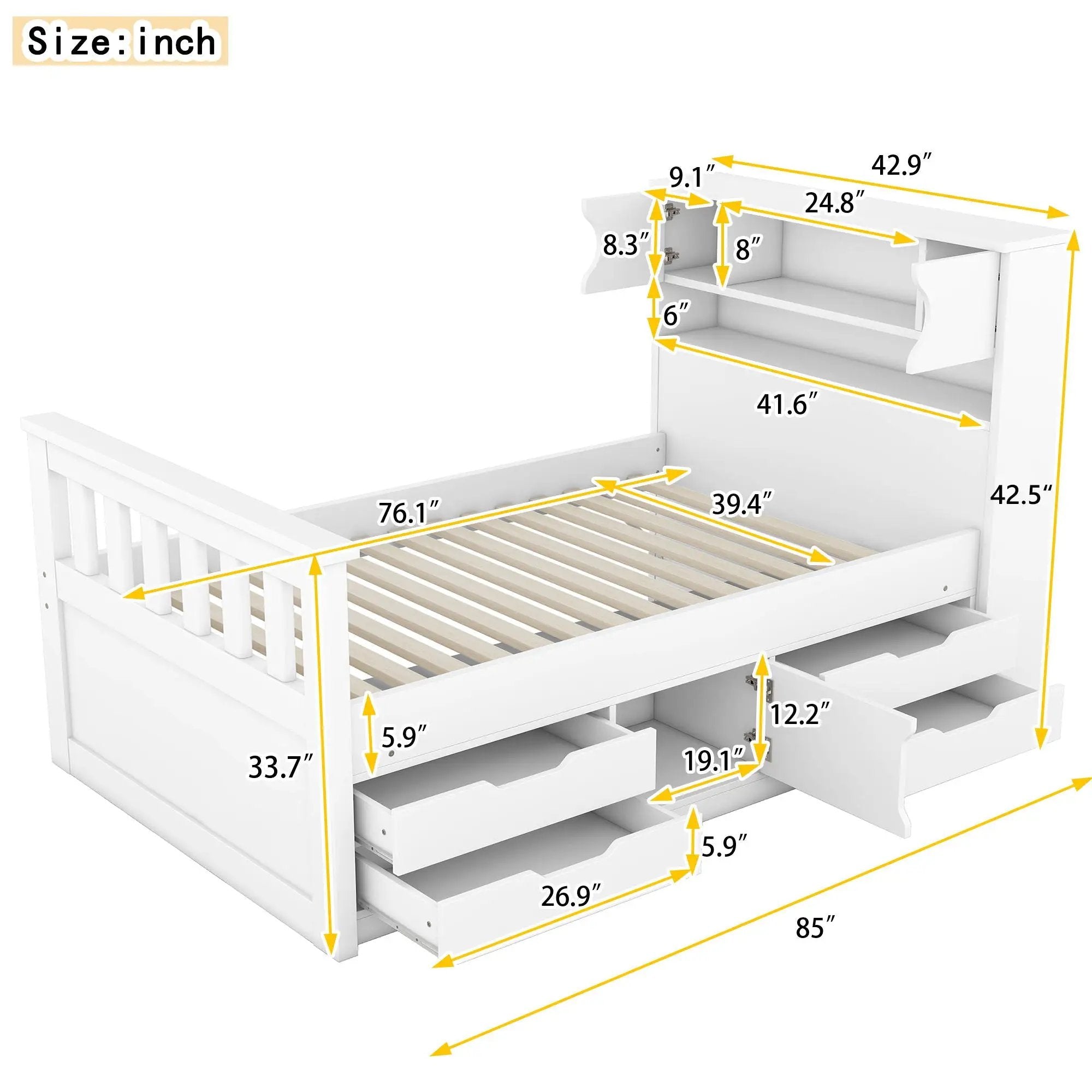 Captain Platform Bed Frame With Storage Bookcases, Shelves, And 4 Drawers by Unique Piece Furniture
