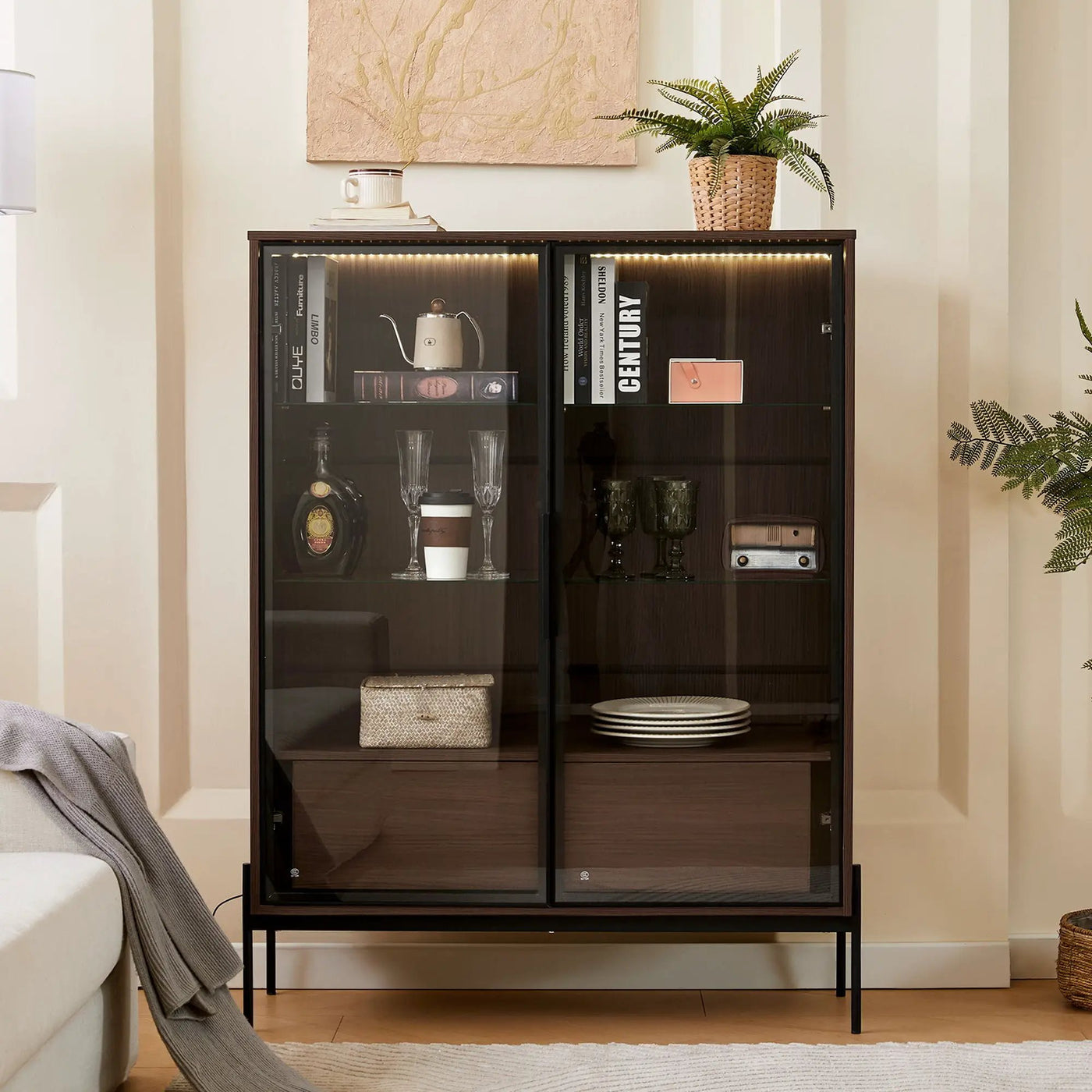Modern Minimalist Style LED Curio Cabinet With Tempered Glass Door, Metal Legs by HouseOfZazla
