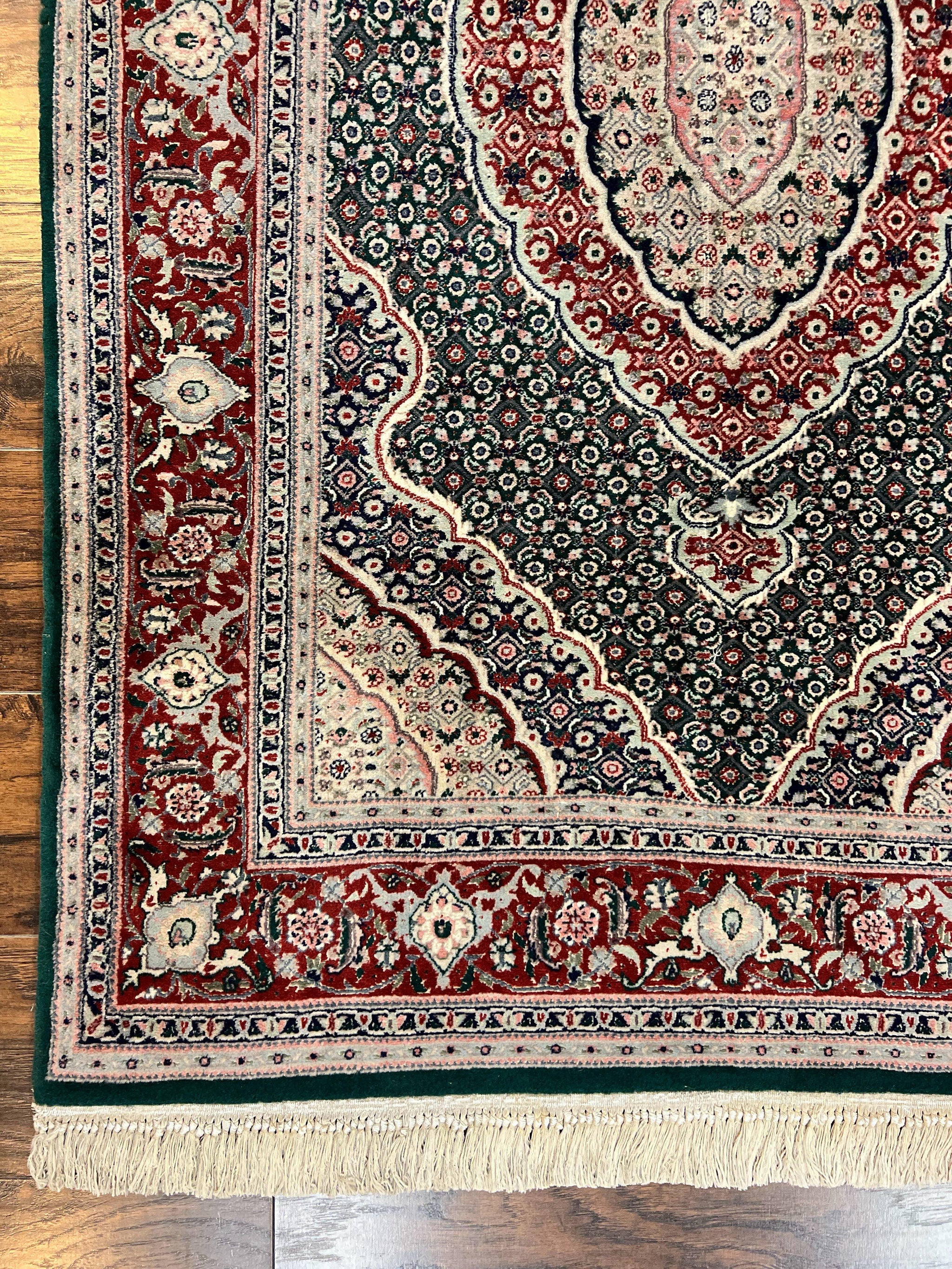 Sino Persian Rug 4x6, Wool with Silk Highlights, Fine Hand Knotted Carpet, Green & Maroon Red, Herati Medallion, Vintage Rug by Jewel Rugs