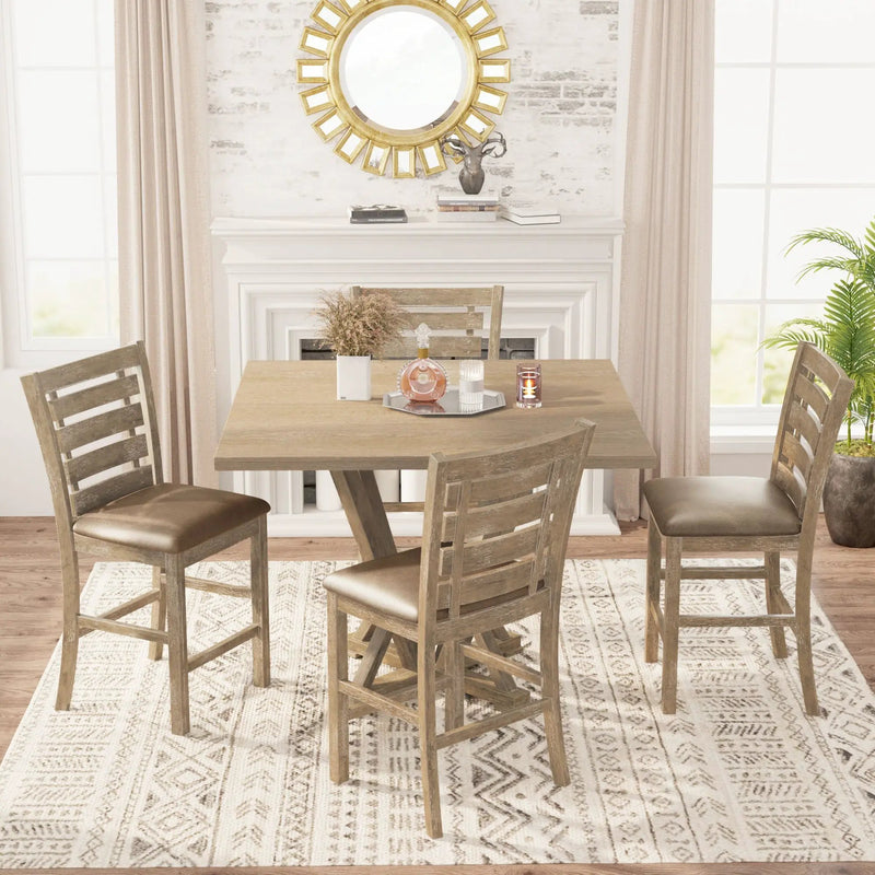5 Pieces Set Counter Table Set Square Counter Table Solid Wood Modern Farmhouse Rustic Look Distressed Look - Grayish Brown by HouseOfZazla