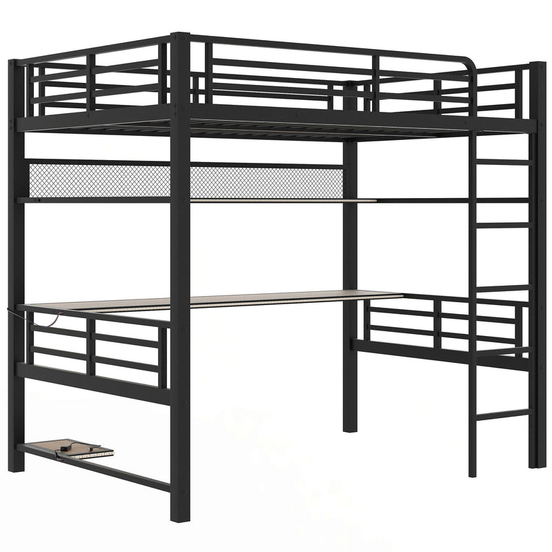 Full Size Loft Bed Frame With Storage Shelf And LED Light - Black by HouseOfZazla