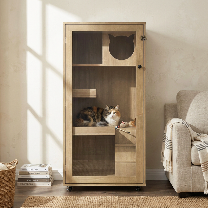 Basia Rubber Wood Cat Cabinet with Wheels by HouseOfZazla