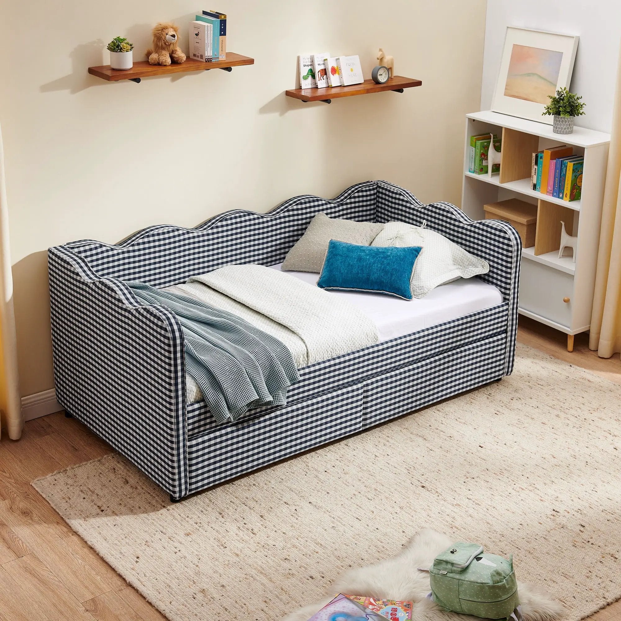 Gingham Daybed With USB Charging Port, Wave-Shaped Design by Unique Piece Furniture